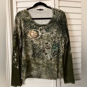 Pierri New York Women’s Beaded Animal Print Stretch Long Sleeve Top Size XL